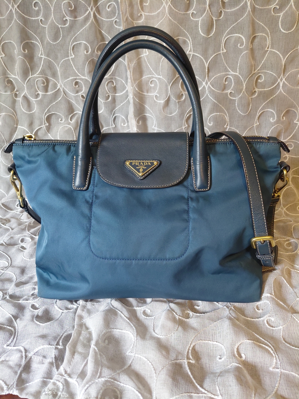 Prada Navy Blue Nylon Tote with Leather Trim